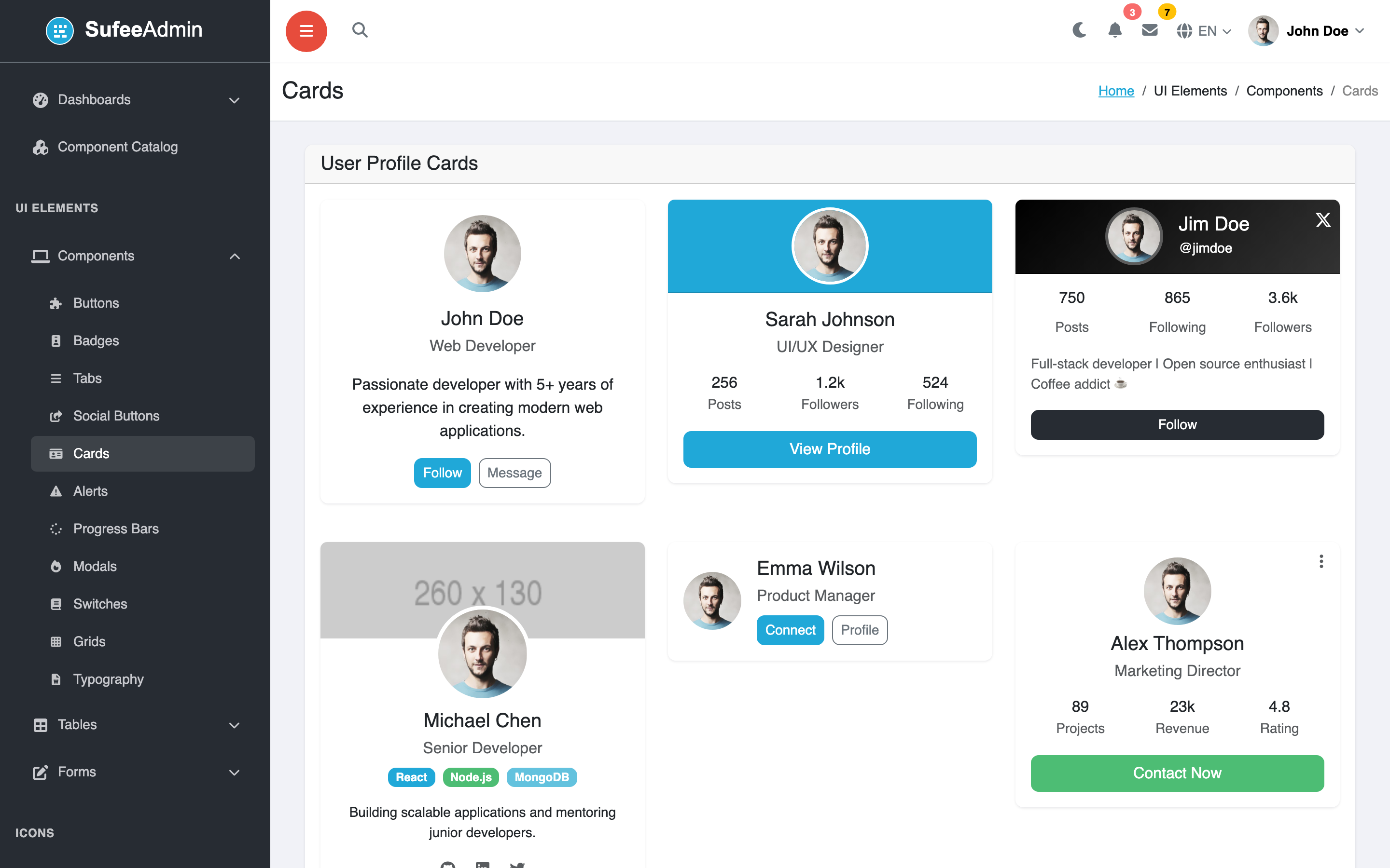 Sufee UI Cards page